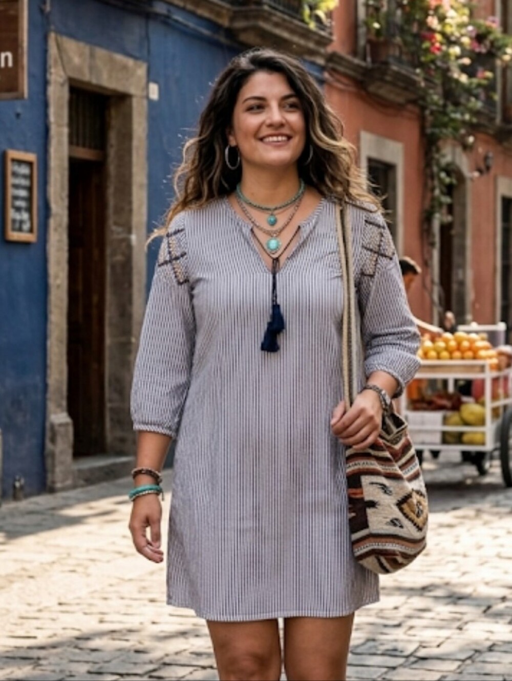 Old Navy Striped V-Neck Tassel Tunic Dress in Blue and White